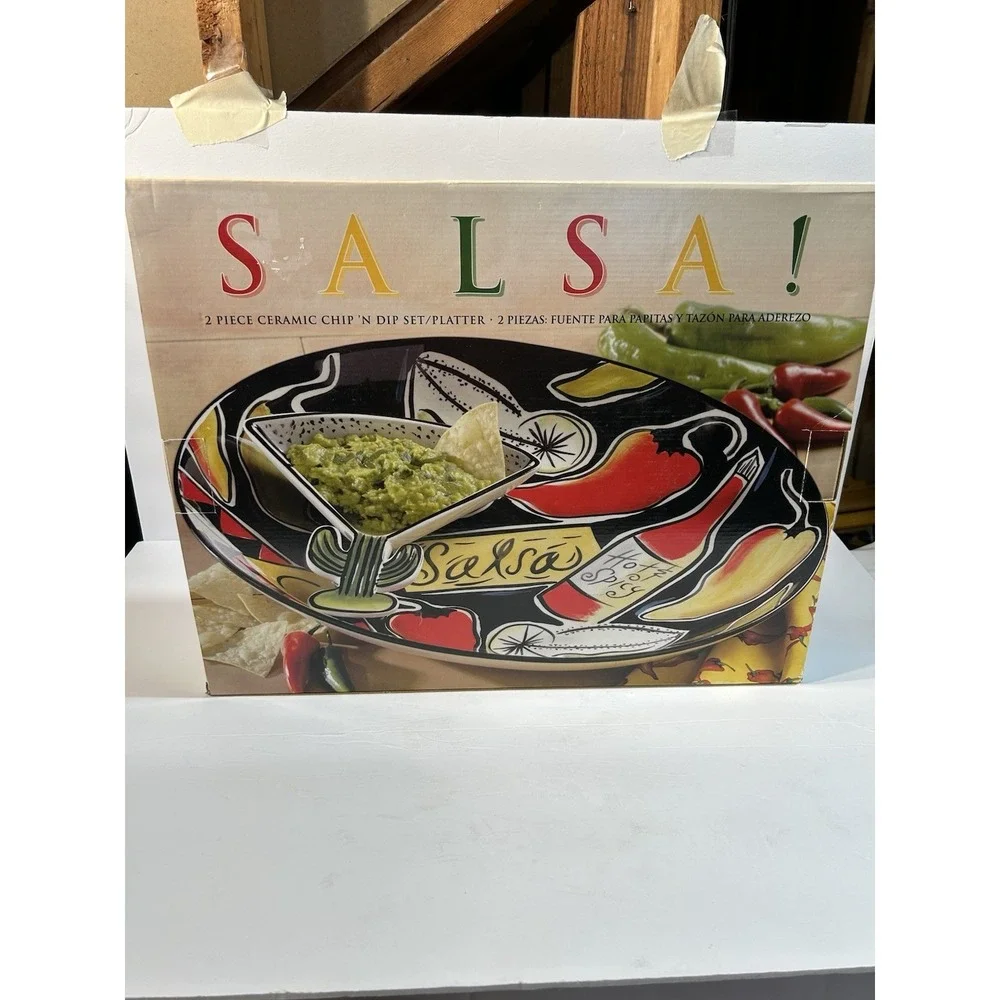 Clay Art Salsa Chip & Dip Serving Platter Set Ceramic 2 Pc Southwest Spanish